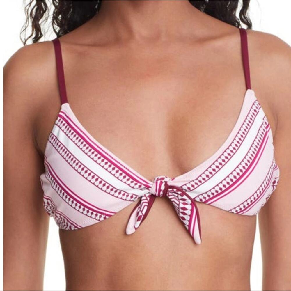 Lemlem Neela Tie Front Triangle Bikini Top Pink Jacquard Knit Swim NWT Small
